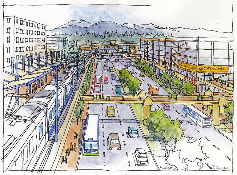 Artistic rendering of street view looking east at 8th Ave W