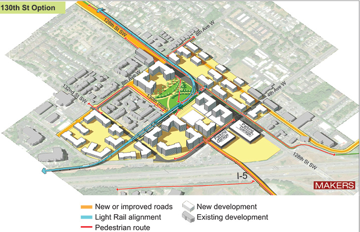 Aerial representation of 130th Street station option showing key features identified