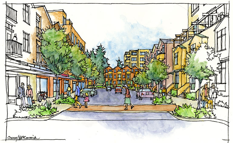 Artistic rendering of street view looking west on new 162nd Street