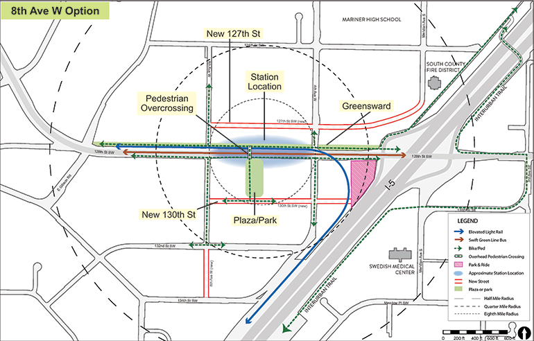 Map of 8th Ave W station option with key features identified