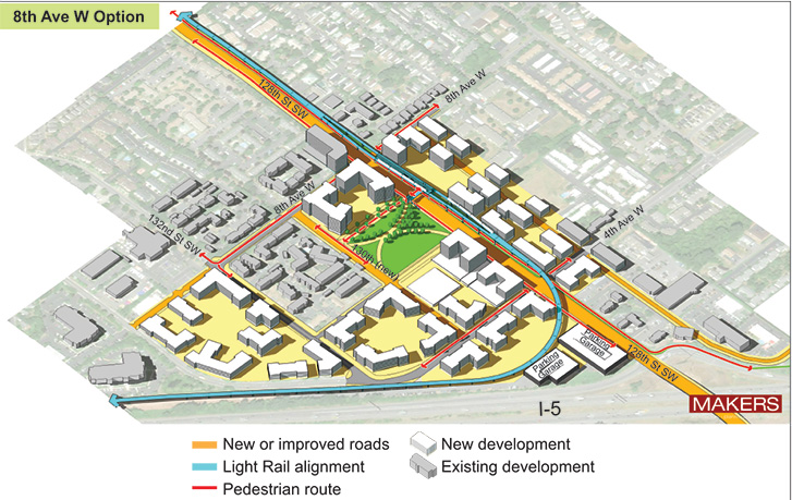 Aerial representation of 8th Ave W station option showing key features identified