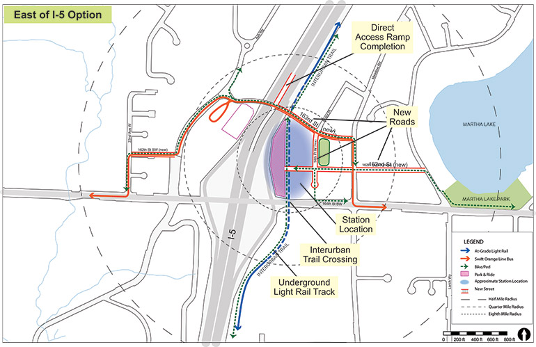 Map of Ash Way East of I-5 station option with key features identified
