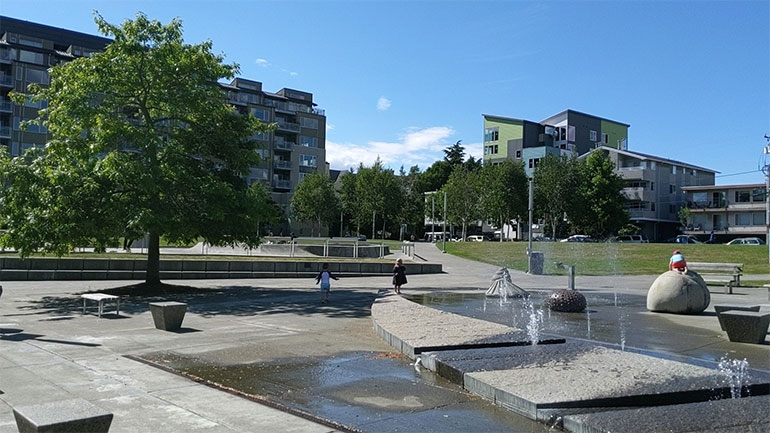 Example of 1/8 mile from station area, plaza/park with 10+ story buildings